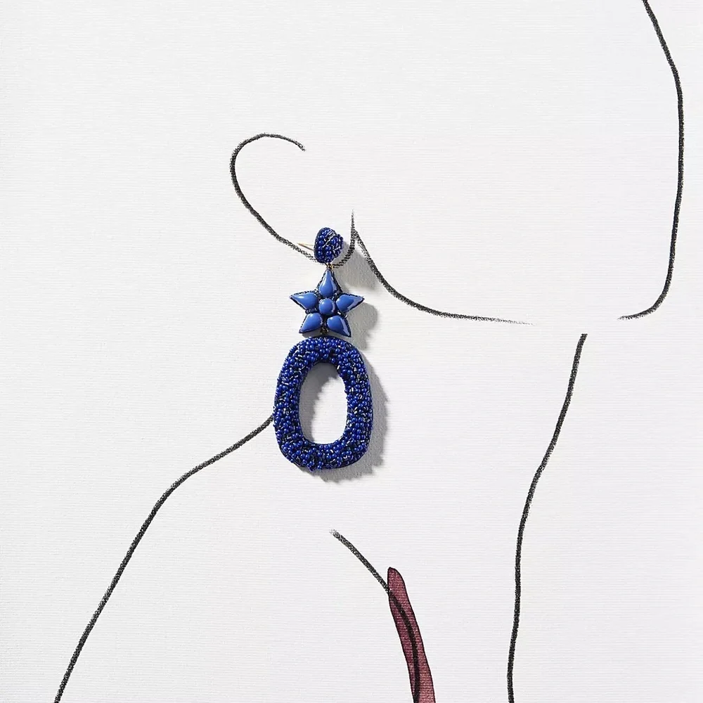 New Anthropologie Deepa Gurnani Star Blue Beaded Dasia Hoop Earrings - Picture 2 of 7